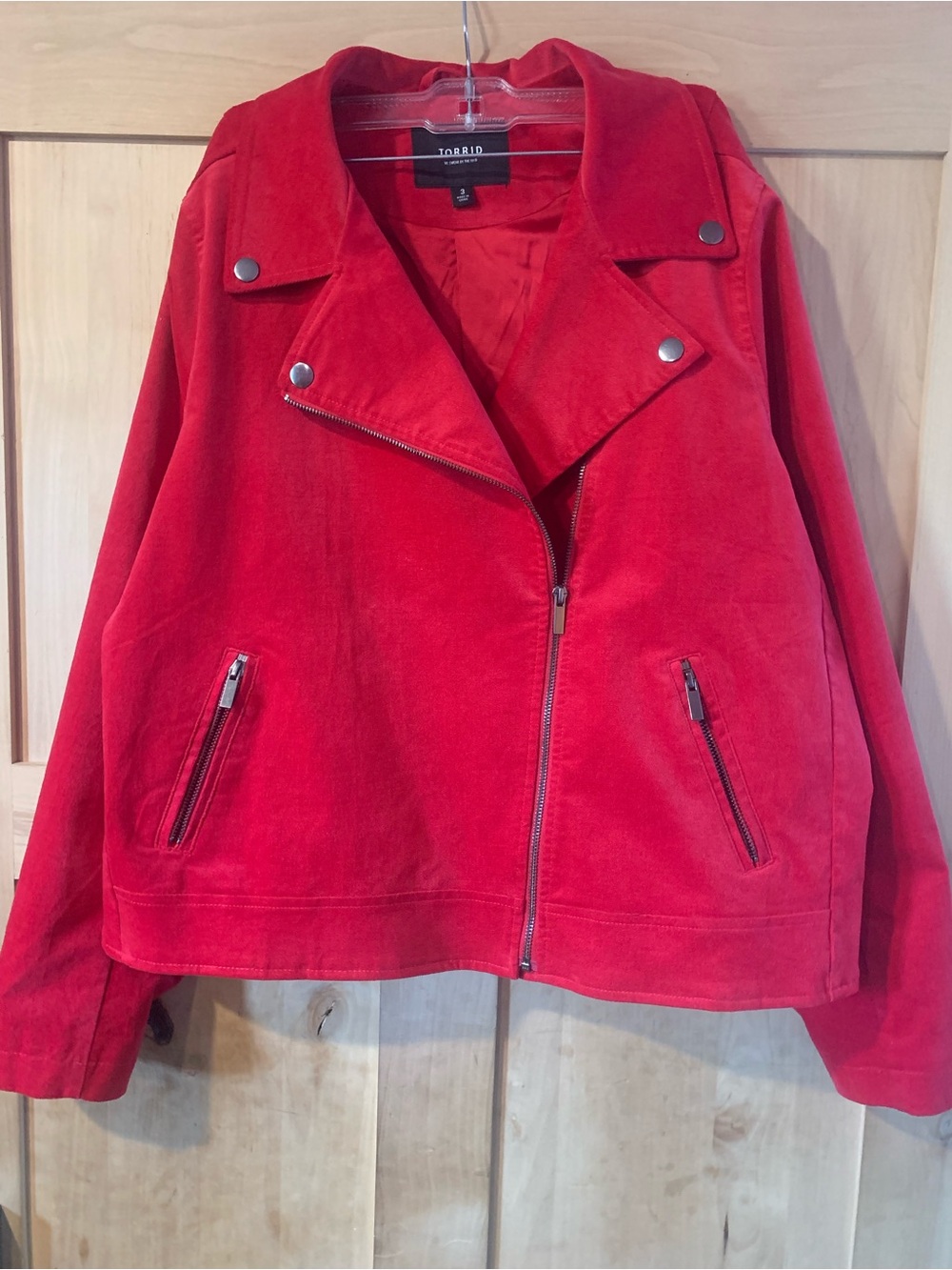 Women’s Torrid Motorcycle-Style Red Velveteen Asymmetric Zip Jacket